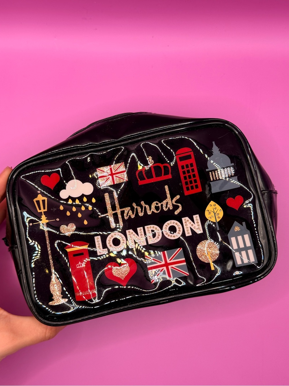 Harrods Black Vinyl London Icon Makeup Pouch